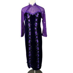 Asian Vietnamese Purple Velvet Floral Cheongsam Qipao Maxi Long Dress NWOT